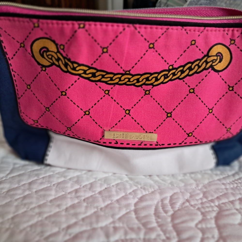 Estee Lauder Pink with Gold Chain-Print Cosmetic Bag